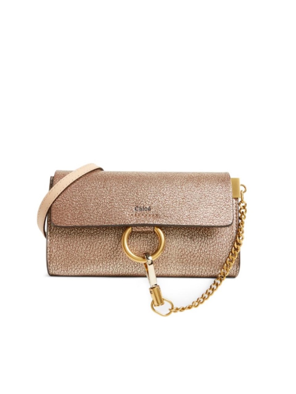 Chloe Metallic Rose Gold Crossbody Bag with Ring Accent